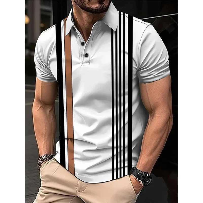 3D printed striped mens shirt shirt with colorful block graphics T-shirt summer casual oversized street collar top short sleeved T-shirt X241228