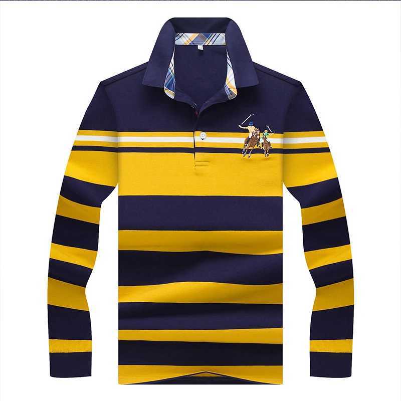 Mens autumn new long-sleeved mens T-shirt Business striped lapel mens T-shirt cotton shirt shirt X241228