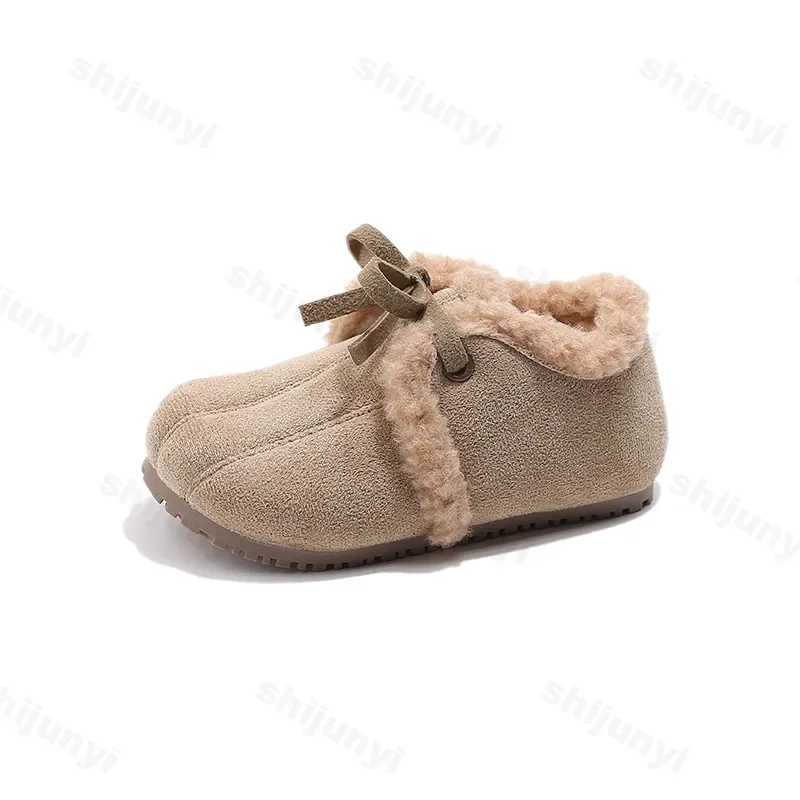 Childrens Plush Womens Shoes Winter New Style Bow Soft Sole Anti slip Cotton Flat Bottom Comfortable and Warm Casual Shoes W241228