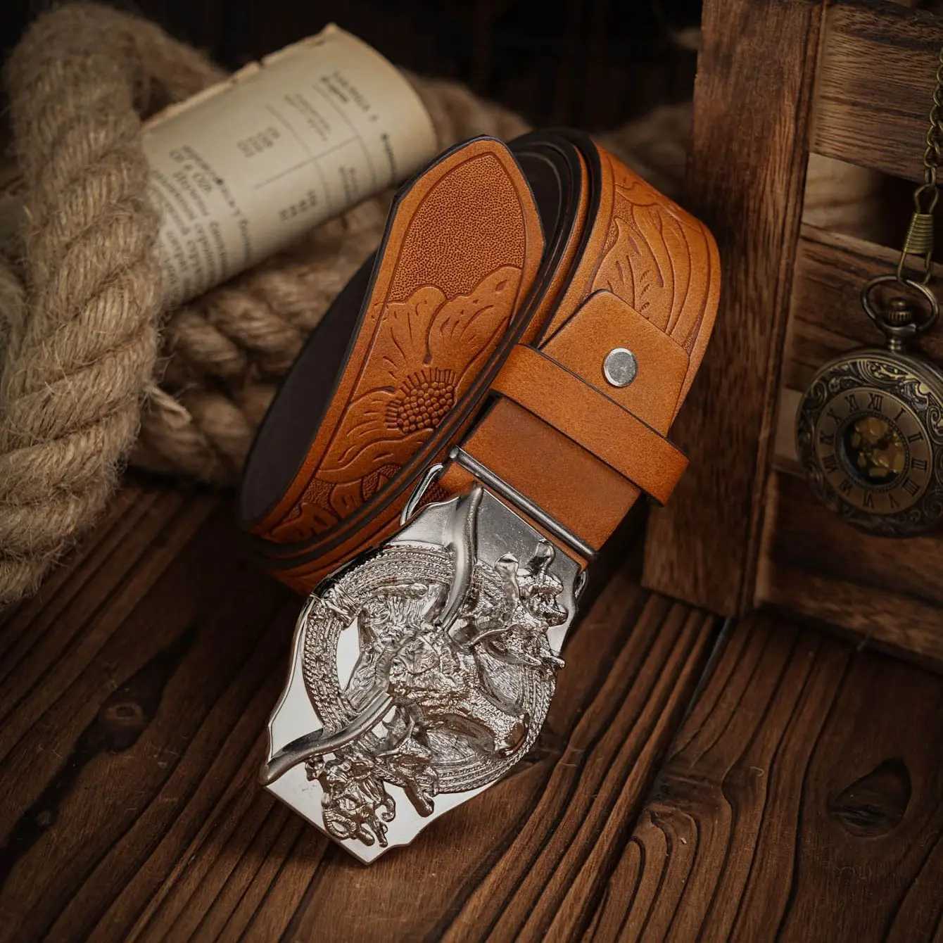 Western style denim PU belt - mens belt with cow decoration floral jeans W241228