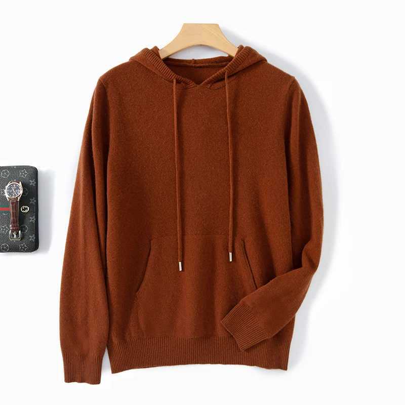Mens 100% merino wool new V-neck cashmere hoodie thick warm solid color high-end sweater long sleeve business casual pullover i X241228