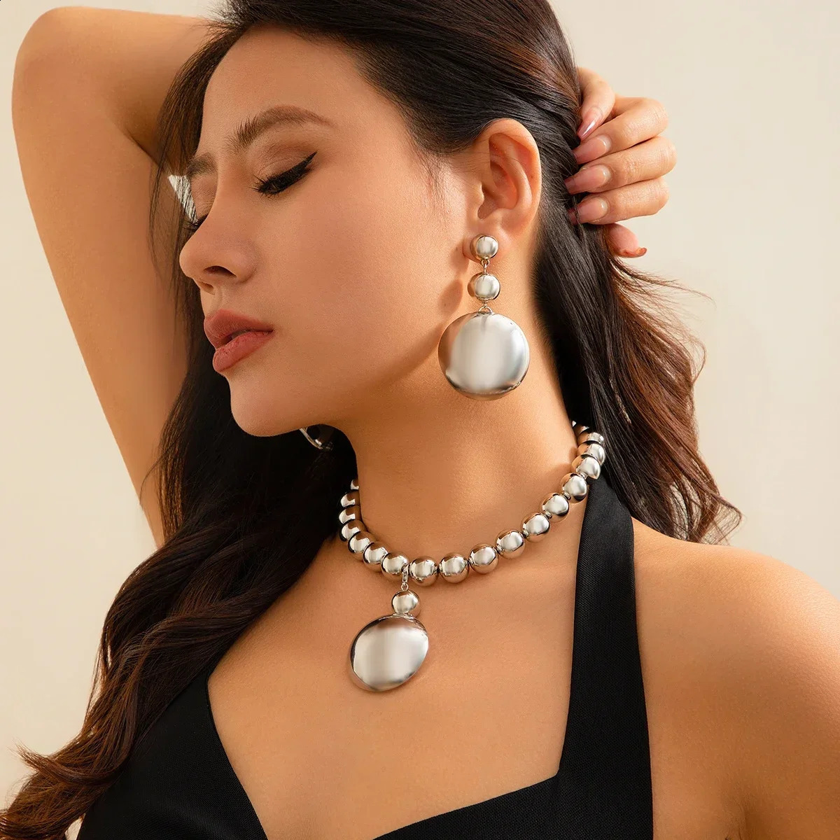 Lacteo Punk Round Beads Ball Chain With Removable Geometric Pendant Necklace Womens Jewelry Set Drop Earrings Ladies Party 241226