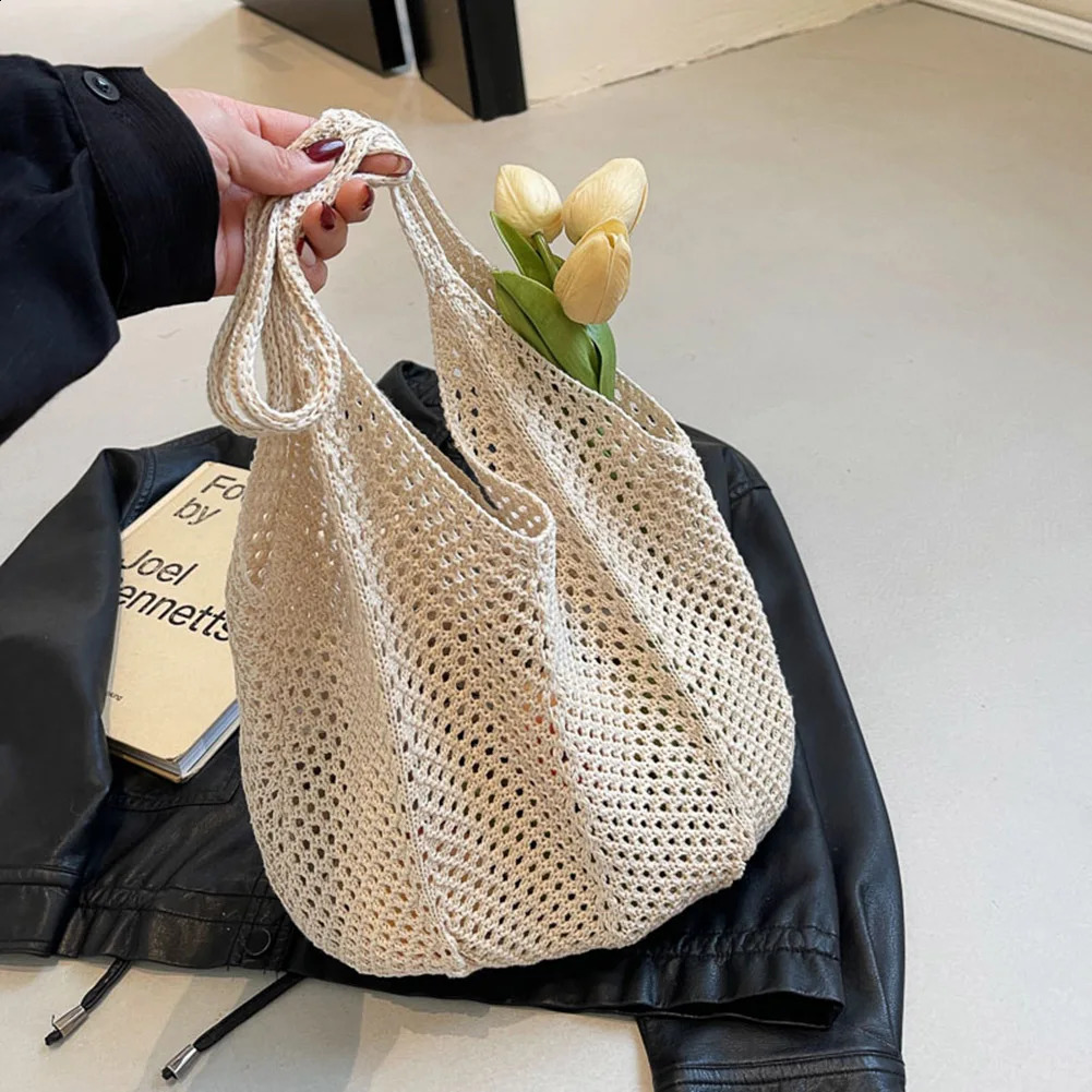 Women Knitting Shoulder Bag Solid Color Crochet Mesh Large Capacity Aesthetic Hobo Ladies Daily Handbag 241225