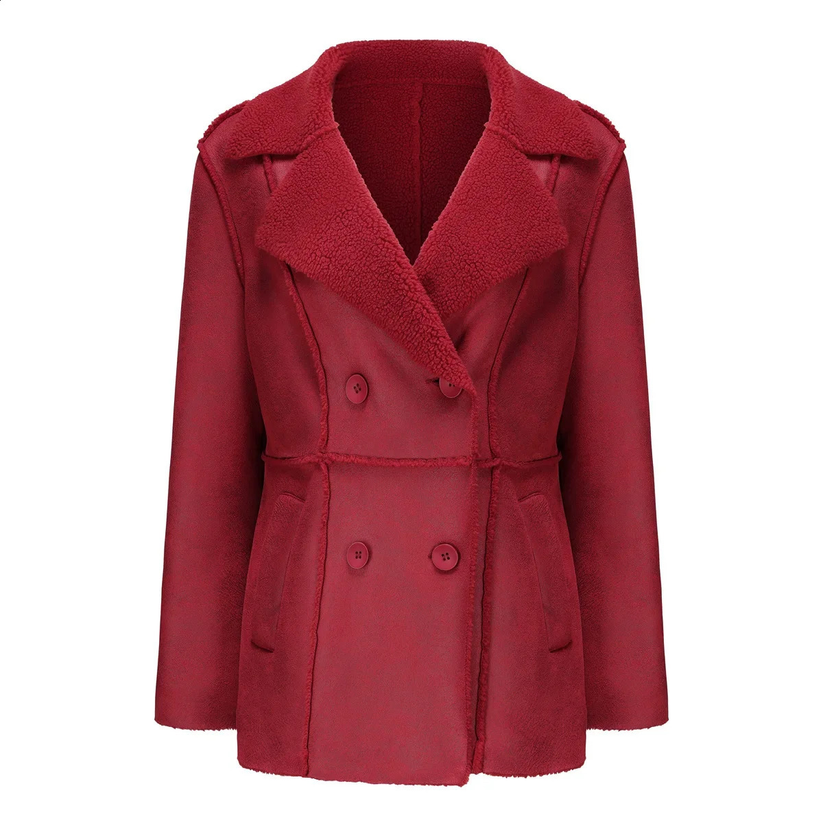 Fur One Double Breasted Lapel Padded Leather Jacket Female Autumn and Winter Medium Length Suede Wine Red Coat 241220