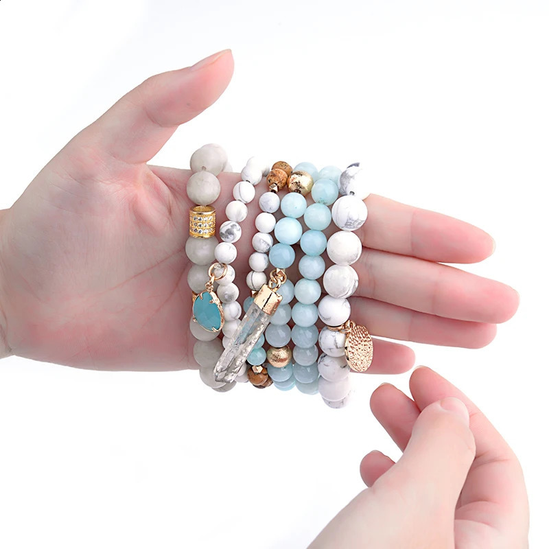 BOJIU Trendy Women Bracelet Set Natural Ag. Stone Glass Beads Bohemia Exquisite Bar Bracelet Sets of 6pcs Festival Gifts BCSET18 241227