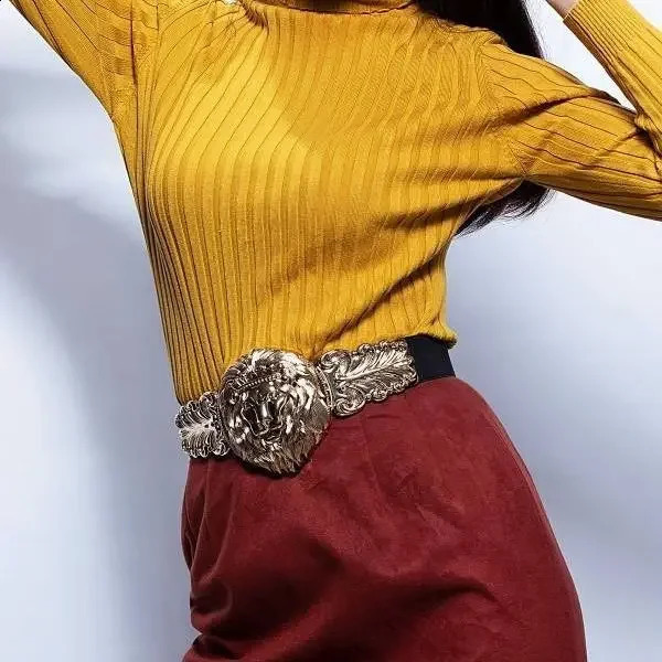 Belts for Womens Fashion Golden Big Lion Elastic Snap Waist Girl Metal Wide Belt Closure belt 241227