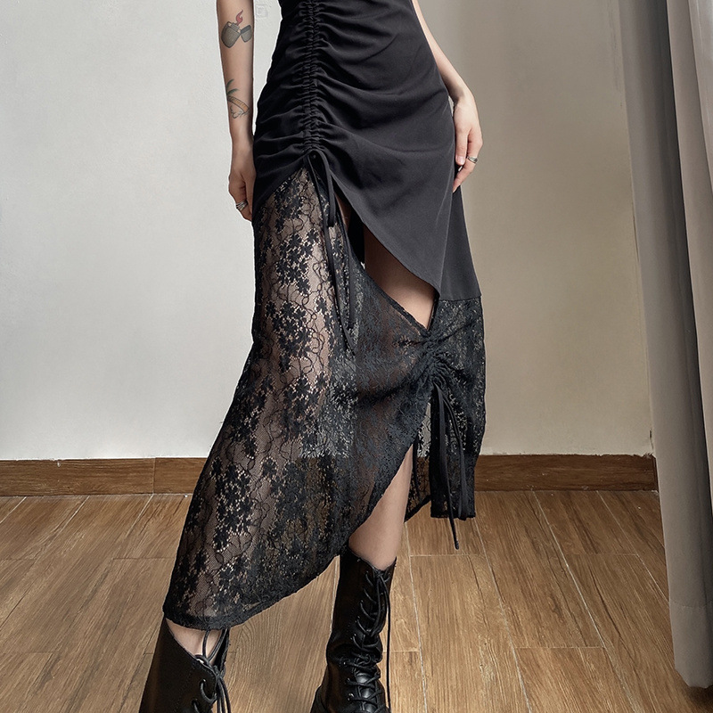 S160 Lace splicing suspender dress for women, backless, slim, hollow, pleated, waist-hugging chic long dress