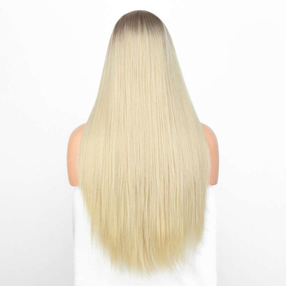 Wig New Mid Split Gradient Gold Straight Hair, Hand Crocheted T-Shaped Front Lace Synthetic Wig, Long Kq2 Kq2