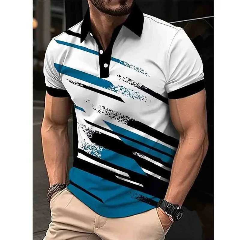 3D printed striped mens shirt shirt with colorful block graphics T-shirt summer casual oversized street collar top short sleeved T-shirt X241228