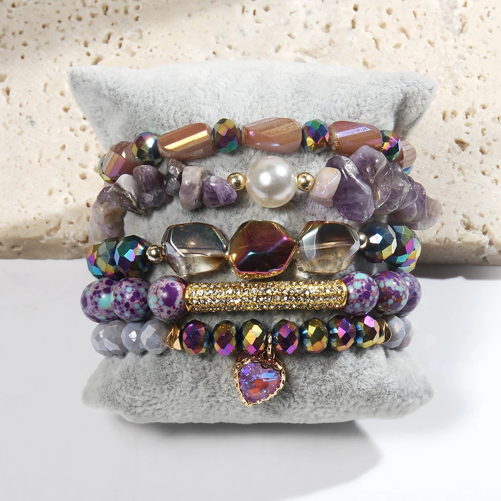 Summer Fashion Bohemian Womens Jewelry 5pcs Natural Stone Glass Handmade Beaded Elastic Bracelet Druzy Stack Bracelet Set 241227