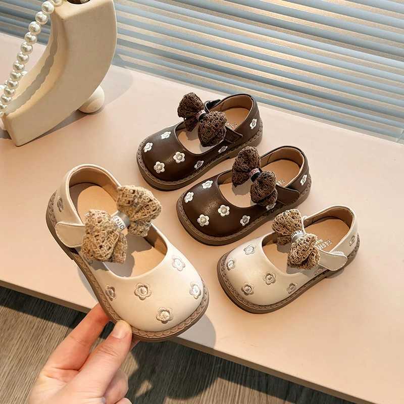 Autumn girl Mary Janes Flloal shallow bow knot classic childrens leather shoes matte Pu leather beige brown childrens flat shoes 21-30 W241228