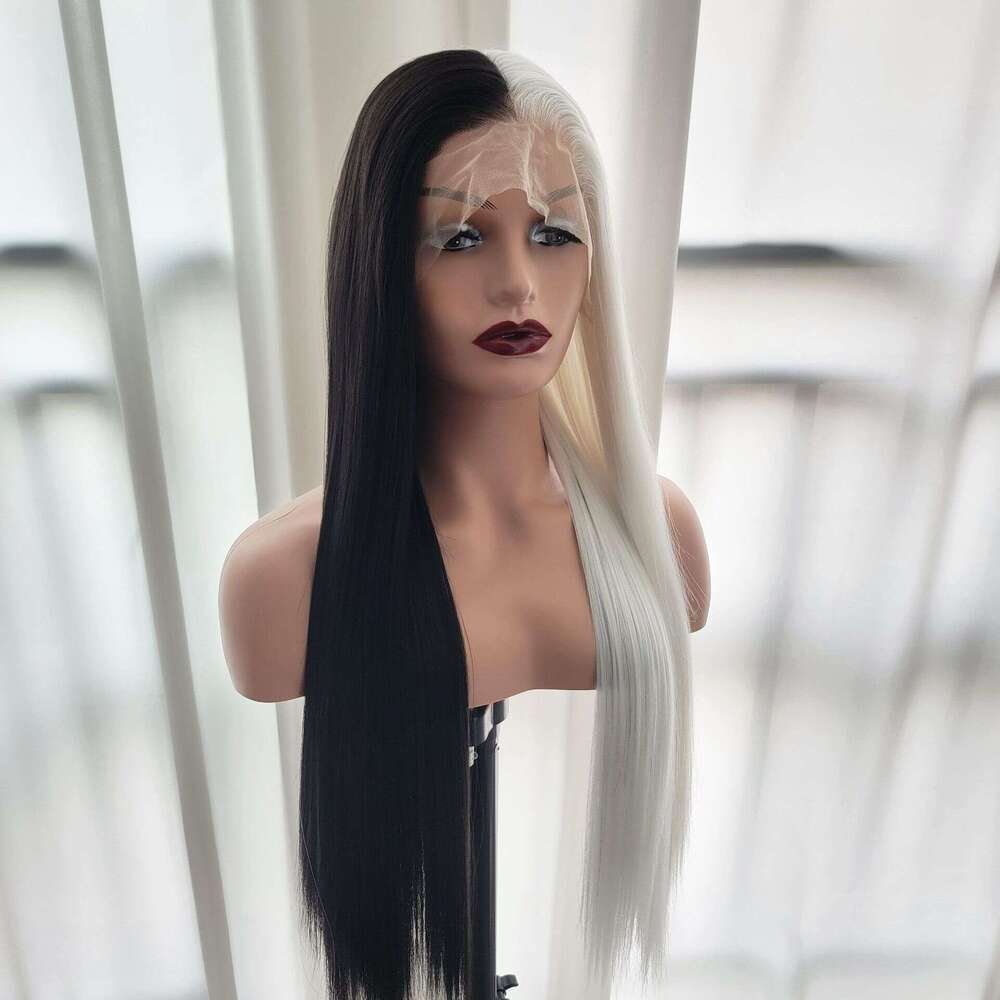 13 * 4 Front Lace Wig, Women's Black And White Double Splicing Yin-Yang Head, Split Long Straight Hair, Synthetic Full Head Cover Cosplay Wig Kq2