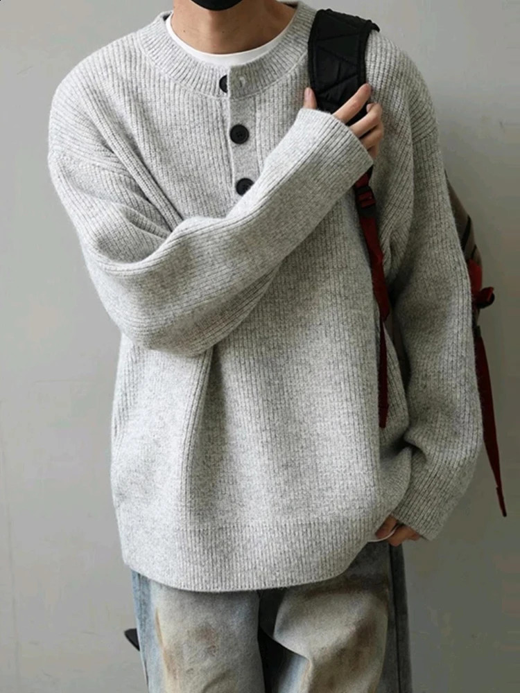 2025 Spring Casual Solid Color Sweaters Mens Knitted Pullover Tops Autumn Men Clothes Knitting Long Sleeve Knit Henley Shirts 241224