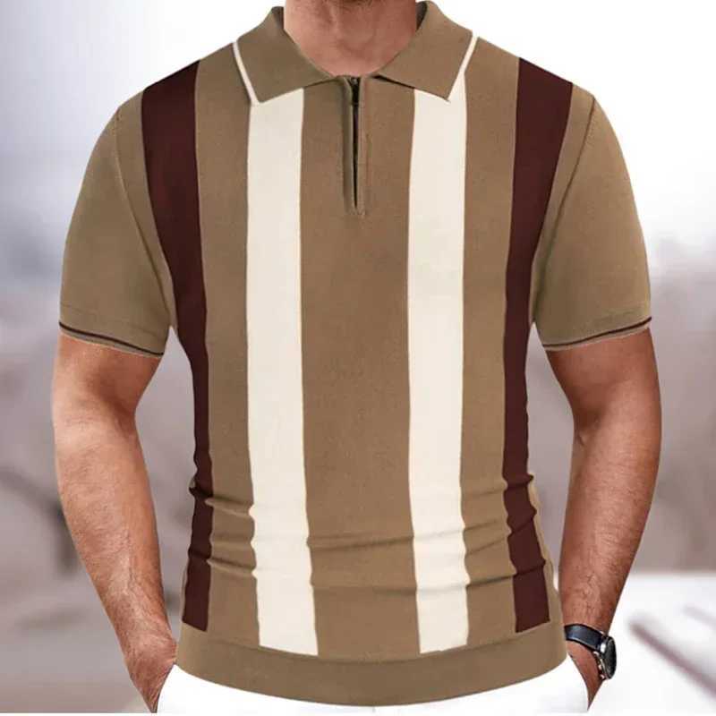 Summer zipper neck polar mens luxury knitted short sleeved shirt shirt casual street clothing striped patch work top fashionable knitted top X241228