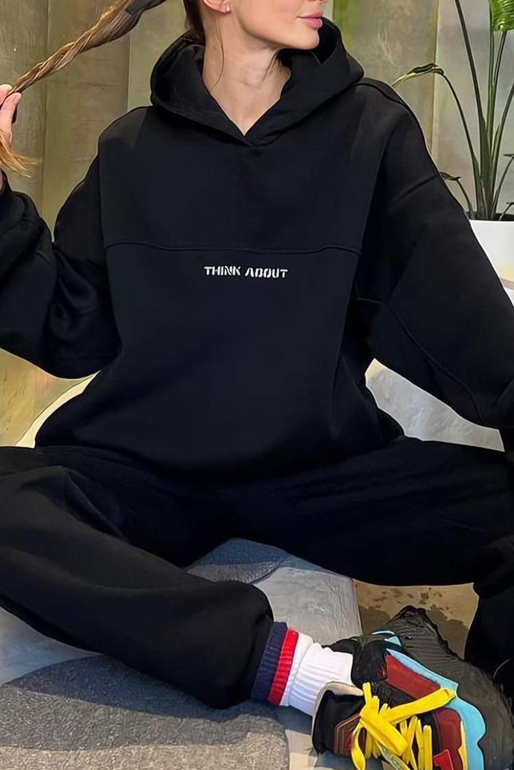 Women's Fashion Outfits Letter-Printed Long-Sleeved Drawstring Hoodie Girdg Pants Sports Suit Casual Female 2-Piece Set