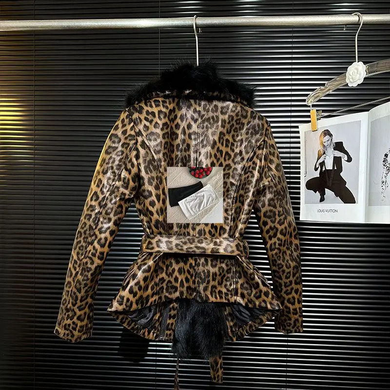 Fashion Waist Cinched Slimming Leopard Print Coat Women Clothing Winter Coat Large Fur Collar PU Leather Jacket for Women 241220