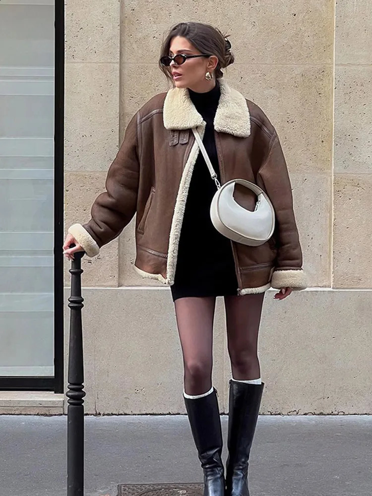 Vintage Brown Long Sleeve Fur Leather Short Coat Women Fashion Pockets Zipper Thicken Lambwool Jacket Lady Outerwear 241220