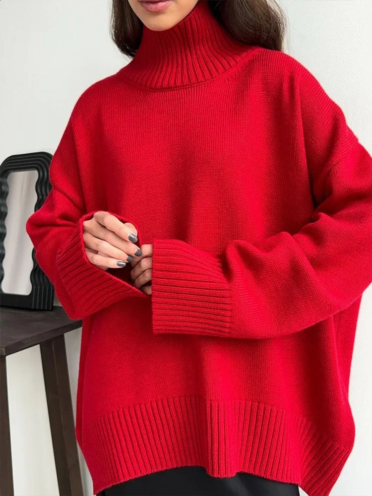 Womens Turtleneck Knitted Sweater Oversize Winter Vintage Red Pullover Women Soft Warm Commuting Jumpers 2024 241223