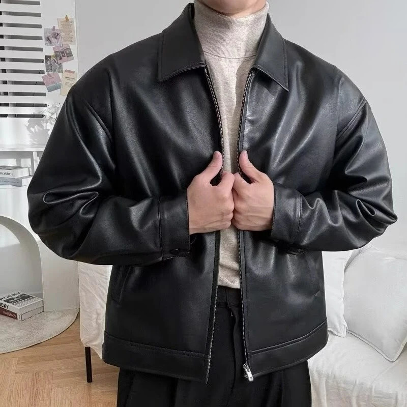 Motorcycle Mens Leather Jacket Coat Fashion Lapel Collar Zipup PU Jackets Men Winter Outdoor Streetwear 241220