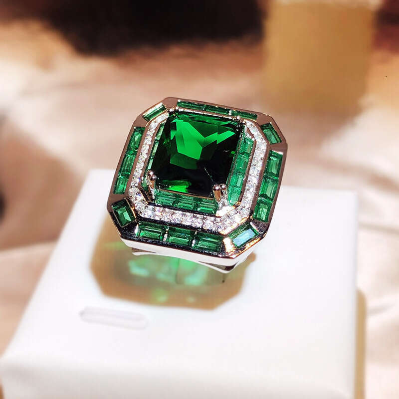 new product simulation emerald tourmaline opening ring, female luxury princess square full diamond ring