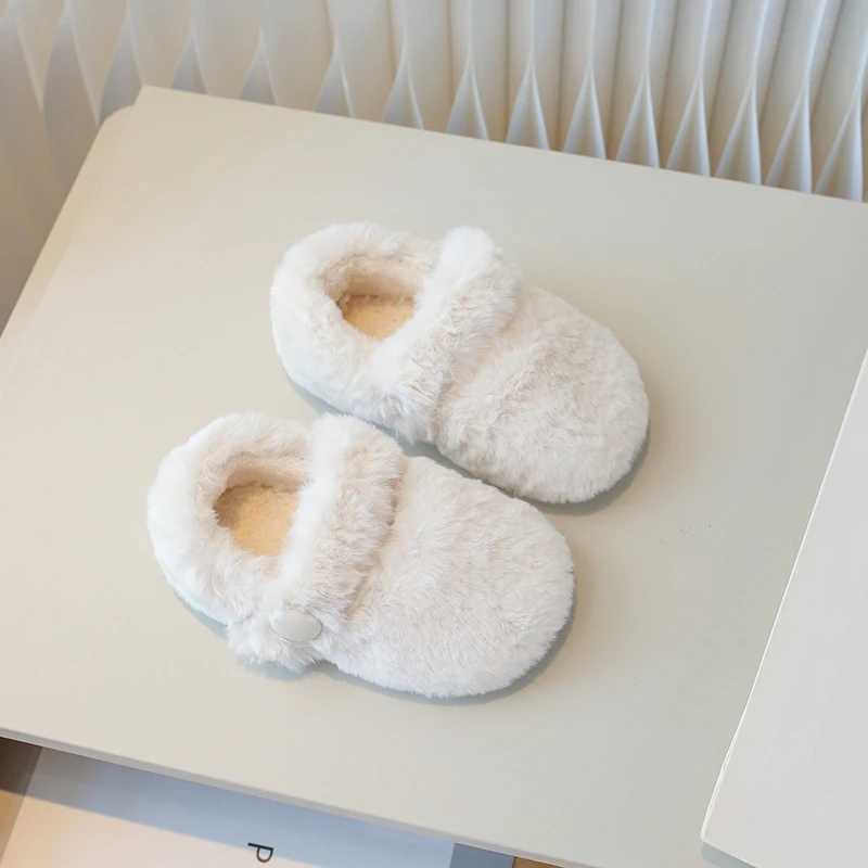 Kids Flat Shoes Fluffy Solid Colors Warm Shallow Winter Children Mary Janes 21-36 Furry Hook-loop Cover Toe Comfy Girls Shoe W241228