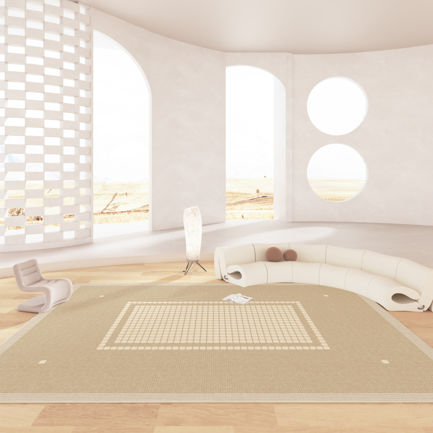 5069-425-59.9-Modern Simple Beige Living Room Carpet Oversized Bedroom Line Rug