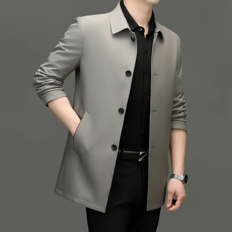 2024 Mens Trench Coat in The Long Lapel Business Fashion Handsome Solid Color Casual Korean Version of Young Father Suit 241220