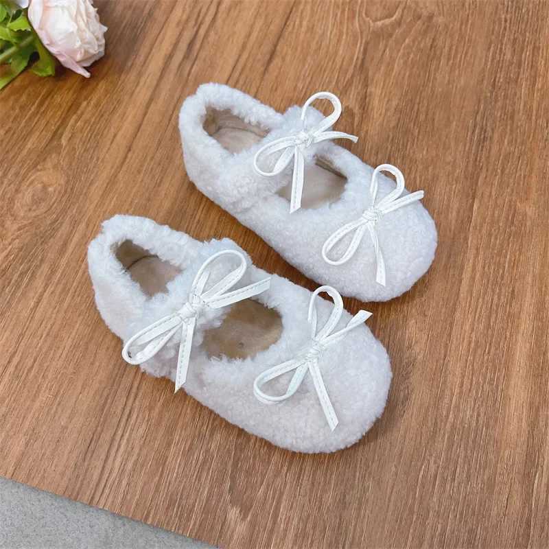 2024 Winter New Childrens Apartment Fashion Double Bow Knot Fur Cover Shoe Head Warm Childrens Casual Shoes Plush Warm Anti slip Mary Jane Shoes W2412