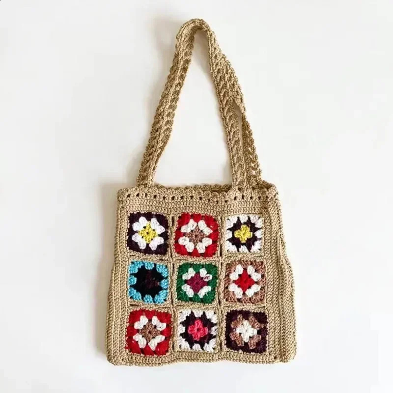 Women Boho Woven Tote Summer Beach Handbag Floral Handmade Weaving Shoulder Bags Hand Crochet Bag Flower Stitching Shopper Bag 241227