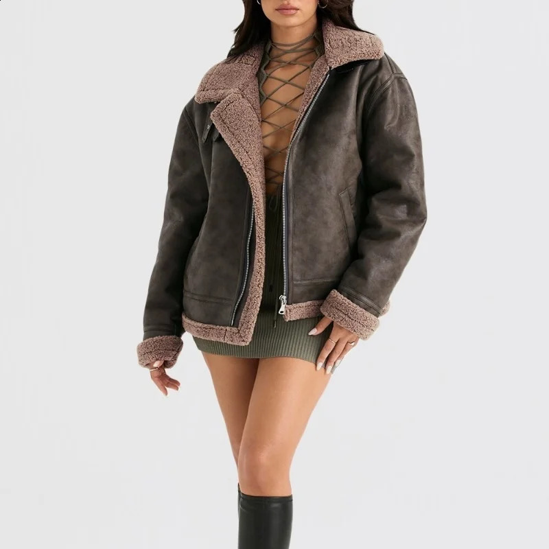 Fashionable retro fur one-piece jacket for women winter style lapel thickened warm sherpa jacket top 241227