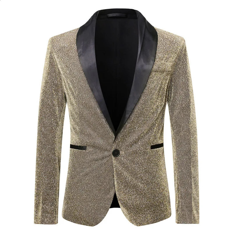 Shining Gold Sparkling Jacket Mens Single Button Shawl Collar Set Jacket Mens DJ Club Bar Dance Evening Dress Jacket Mens Jacket Stage Costume 241227