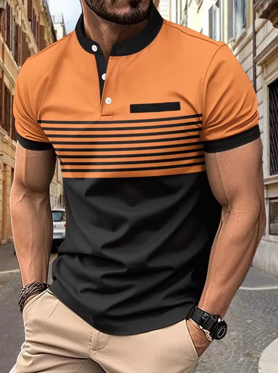 Mens spring and summer new casual short-sleeved shirt3 button horizontal stripe printed stand collar sports shirt shirt top X241228