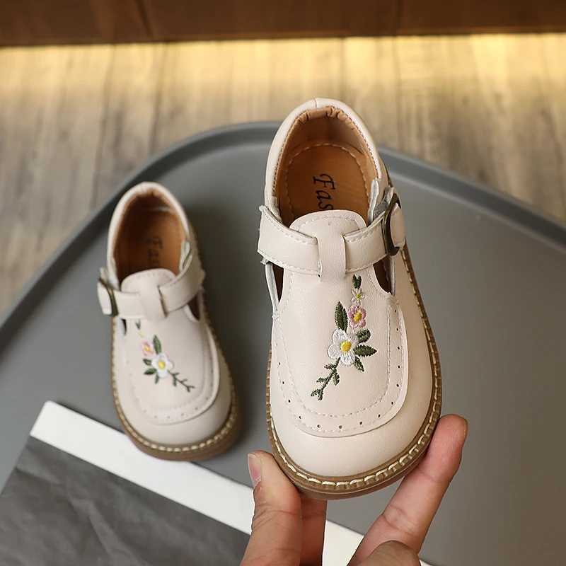 Toddler Girls Mary Janes Embroidery Flower Vintage Kids Autumn Flat Shoes 21-30 Beige Khaki Light Comfy Slish Children Shoe W241228