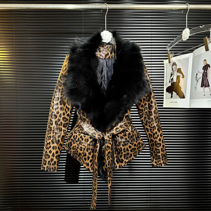Fashion Waist Cinched Slimming Leopard Print Coat Women Clothing Winter Coat Large Fur Collar PU Leather Jacket for Women 241220