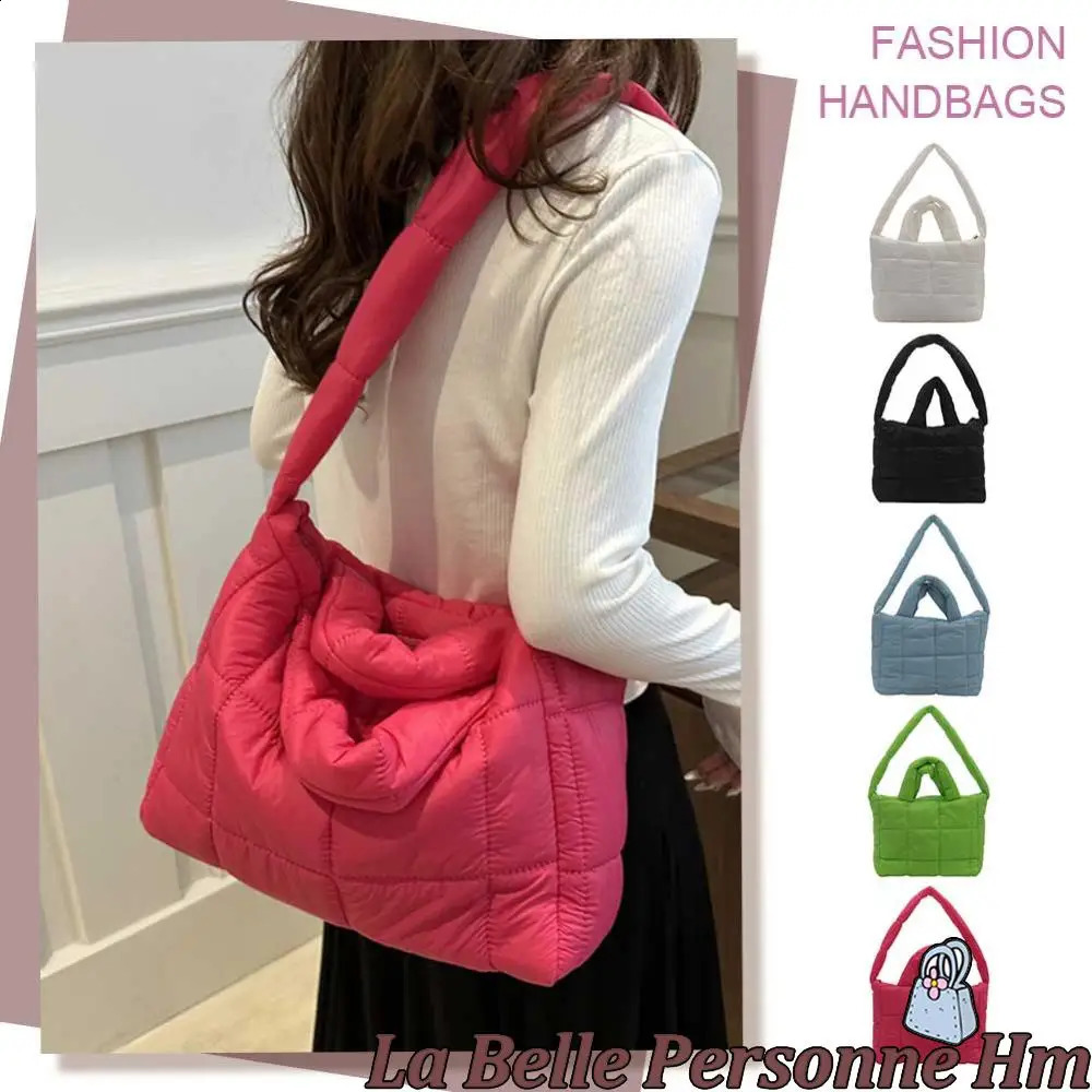 Women Puffer Tote Handbag Large Capacity Quilted Plaid Handbag Solid Color Quilted Top Handle Bag Female Travel Bag 241228