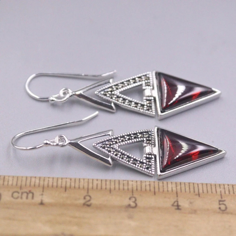 Real Solid 925 Sterling Silver Dangle Women Gift Lucky Garnet Triangle Geometry Earrings 241226