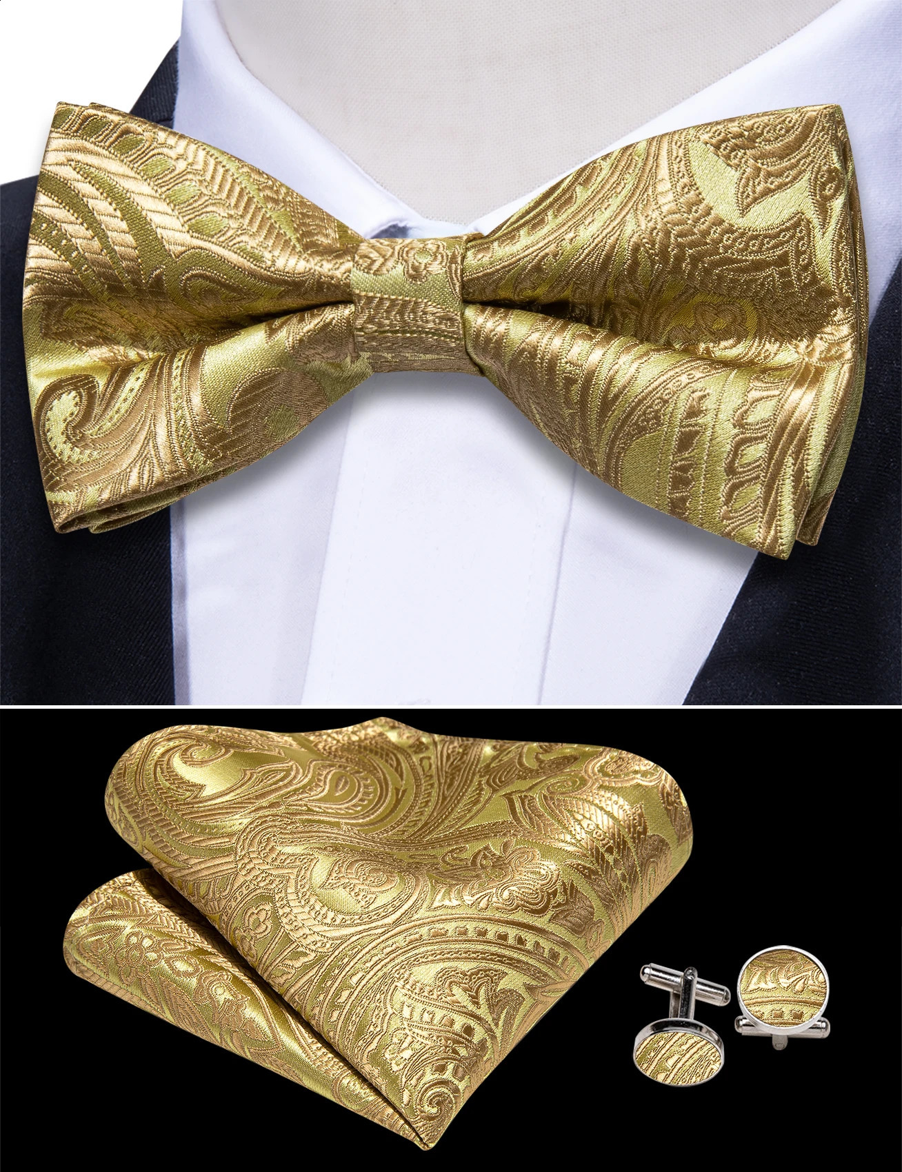 Gold Cummerbund Men For Wedding Gift High Quality Silk Paisley Bowtie Handkerchief Cufflinks Sets Formal Party Barry. Wang 241227