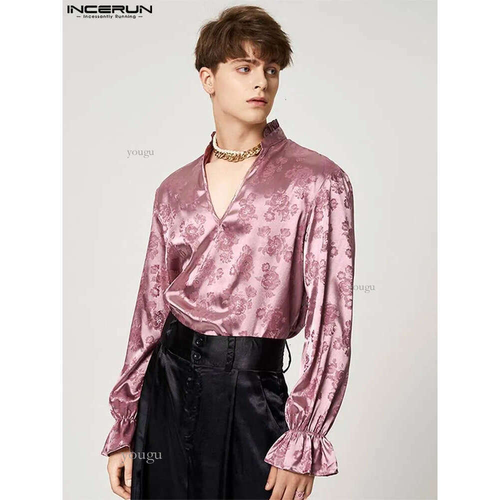Men's Casual Shirts Fashion Men Shirt V Neck Long Sleeve Jacquard Ruffle Loose Camisa Masculina Streetwear Elegant S5XL INCERUN 230130