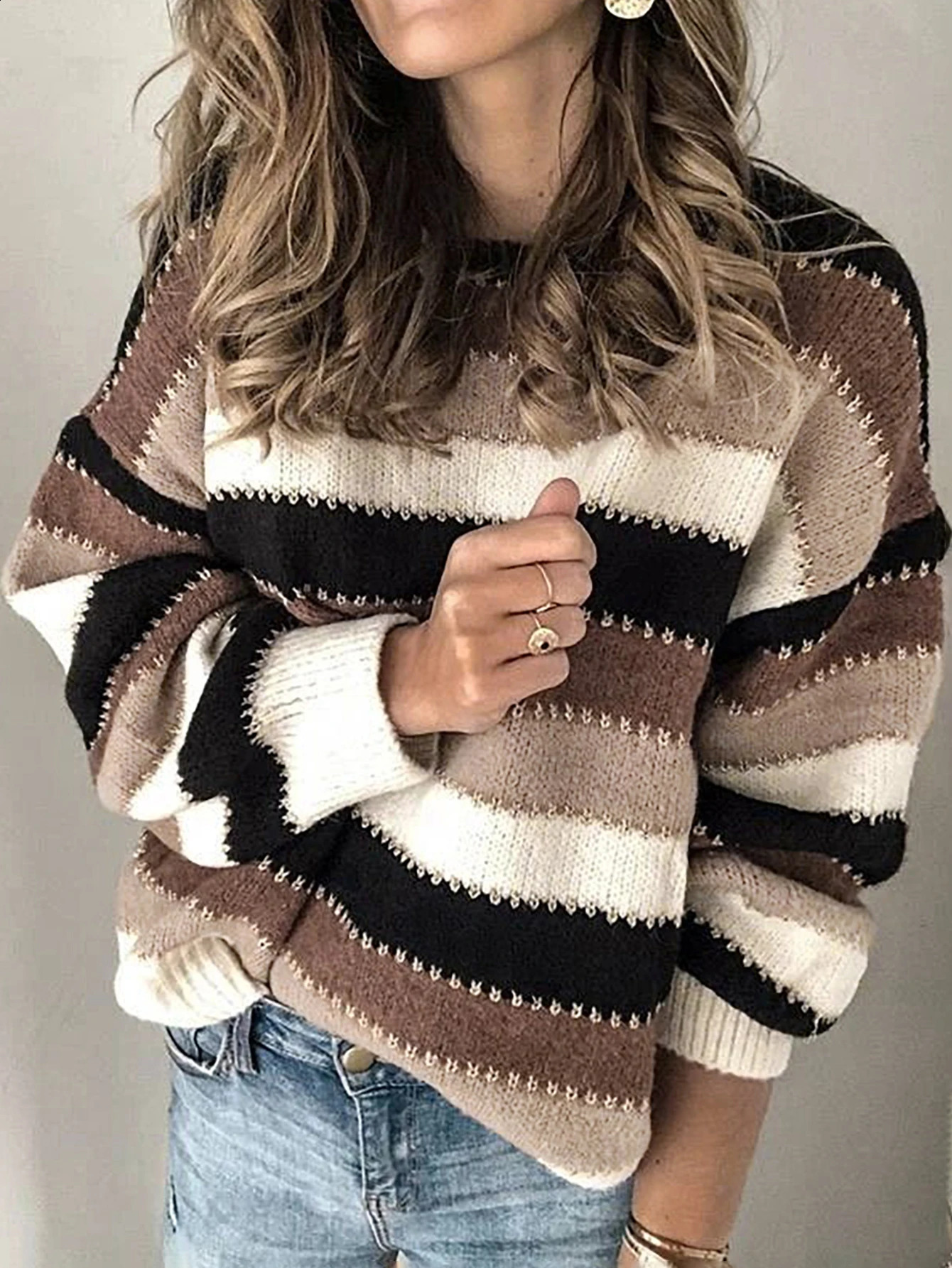 Autumn and winter style ladies multicolor stitches knit bottom long sleeve pulley head personality fashion loose sweater 241223