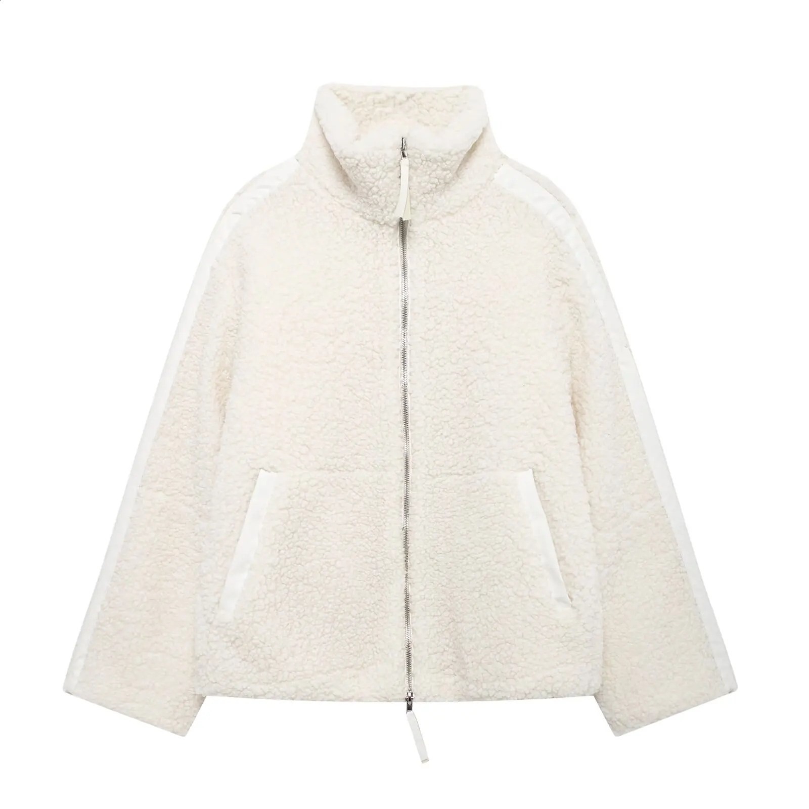 European and American style fashion simple and versatile stand-up collar zipper loose casual sherpa jacket 241227