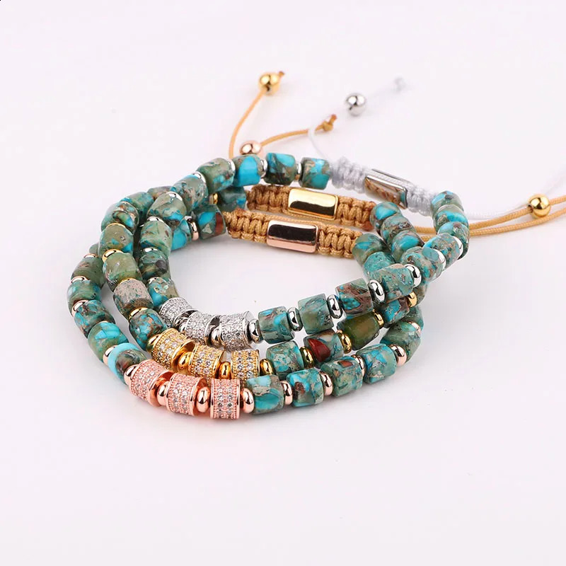 Fashion Jewelry Natural Stone Blue Imperial Jasper CZ Pave Charm Macrame Bracelet Women Men 241227