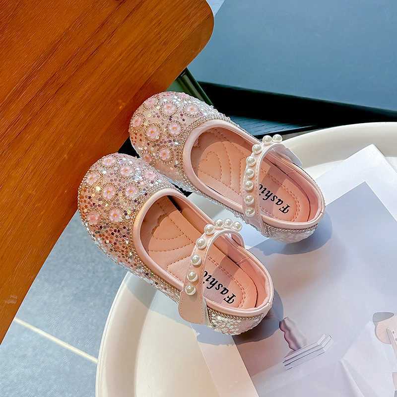 Unishuni Girls Bling Crystal Princess Flats Kids Floral For Dance Shoes Child Soft Mary Janes Baby Girls Pearl Casual Shoes W241228
