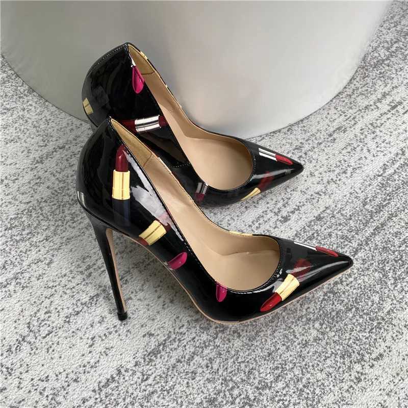 Heelgoo Newly Lipsticker Print Women Glossy Pointy Toe High Heel Black Party Shoes Slip On Stilettos Pumps Plus Size 33-46C241228