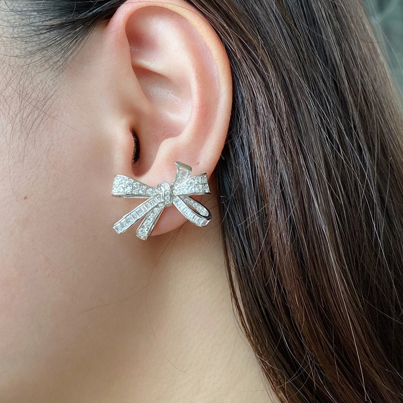 Luomansi Super Flashing Bow Diamond S925 Silver Earrings Fine Jewelry Wedding Party Birthday Romantic Woman Gift 241226