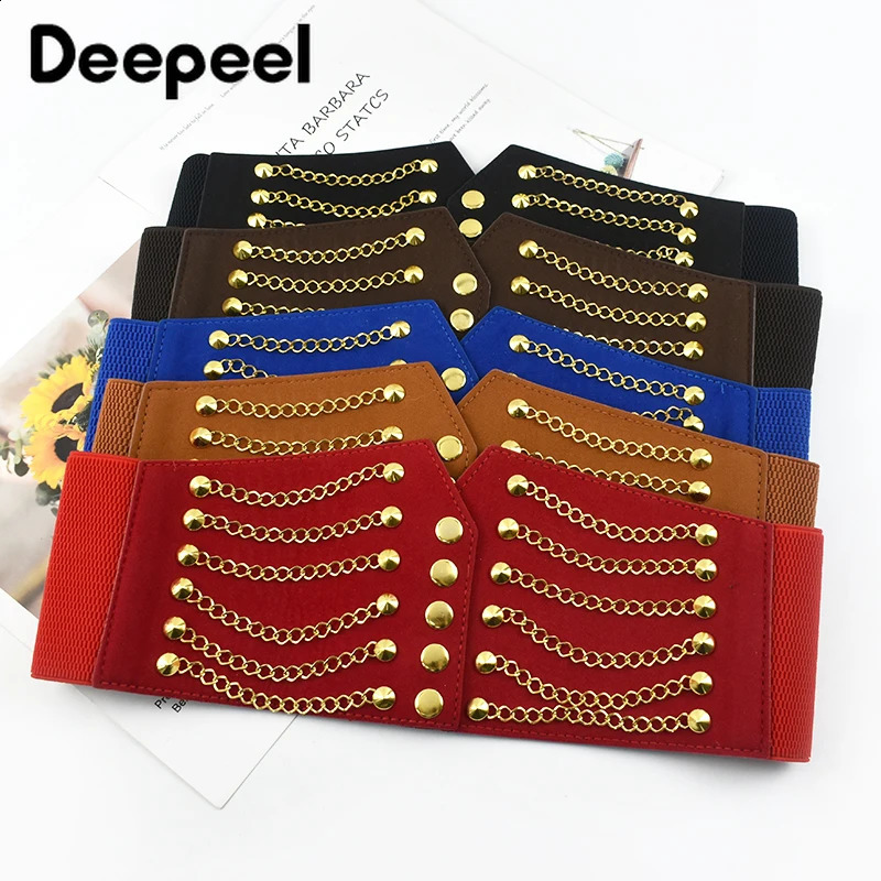 Deepeel 64cm PUNK Womens Corset Wide Belt Woman Cummerbunds Elastic Belts Chain Rivet Waistband Female Dress Coat Accessories 241227