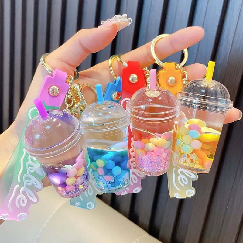 Cute Liquid Pearl Milk Tea Cup Key Chain Creative Quicksand Floating Jelly Bean Keyring Backpack Pendant Keychain Gift For Women 241224