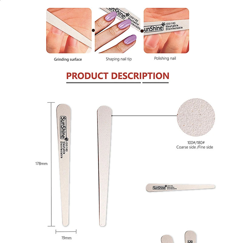 SunShine 20Pcs Wooden Nail File Professional Nail Art Sanding Buffer Files 100/180 Double Side For Salon Manicure Pedicure 241223