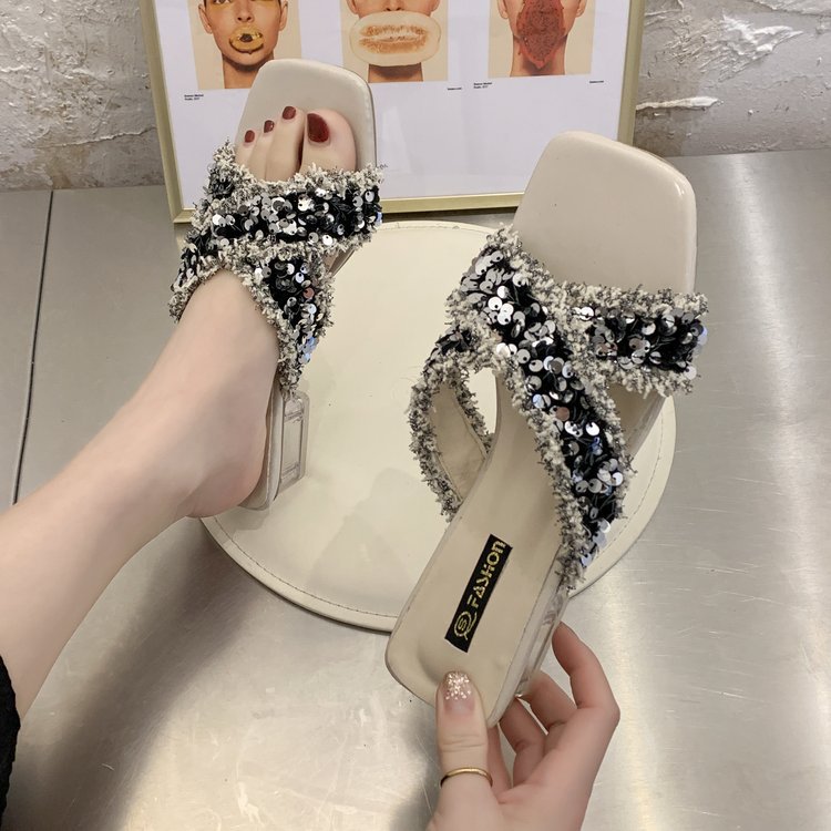 Women Slippers High Heel Sandals Fairy Style Trendy Fashion Versatile Ladies Shoes Triple Black Silver Plus Size 35-43 Free shipping