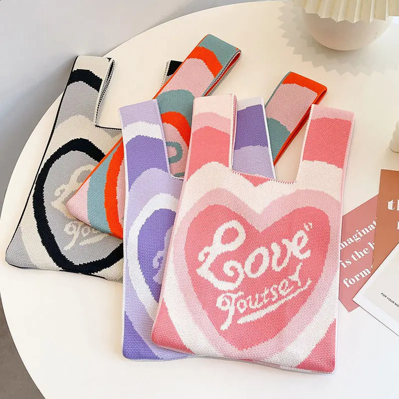 Handmade Knit Handbag Women Mini Knot Wrist Bag Japanese Casual Color Wide Stripe Plaid Tote Bag Student Reusable Shopping Bags 241227