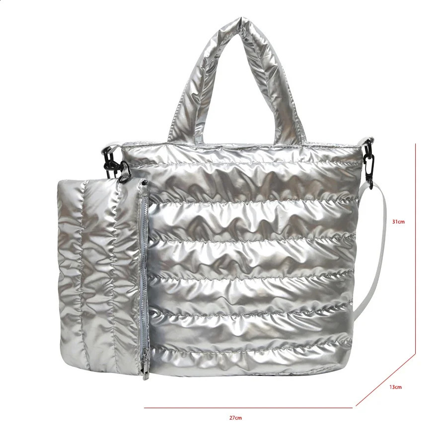 Winter Space Cotton Tote Bag For Women Fashion Casual 2 Set Messenger Bag Silver Puffy Handbag Large Capacity Bag 241227